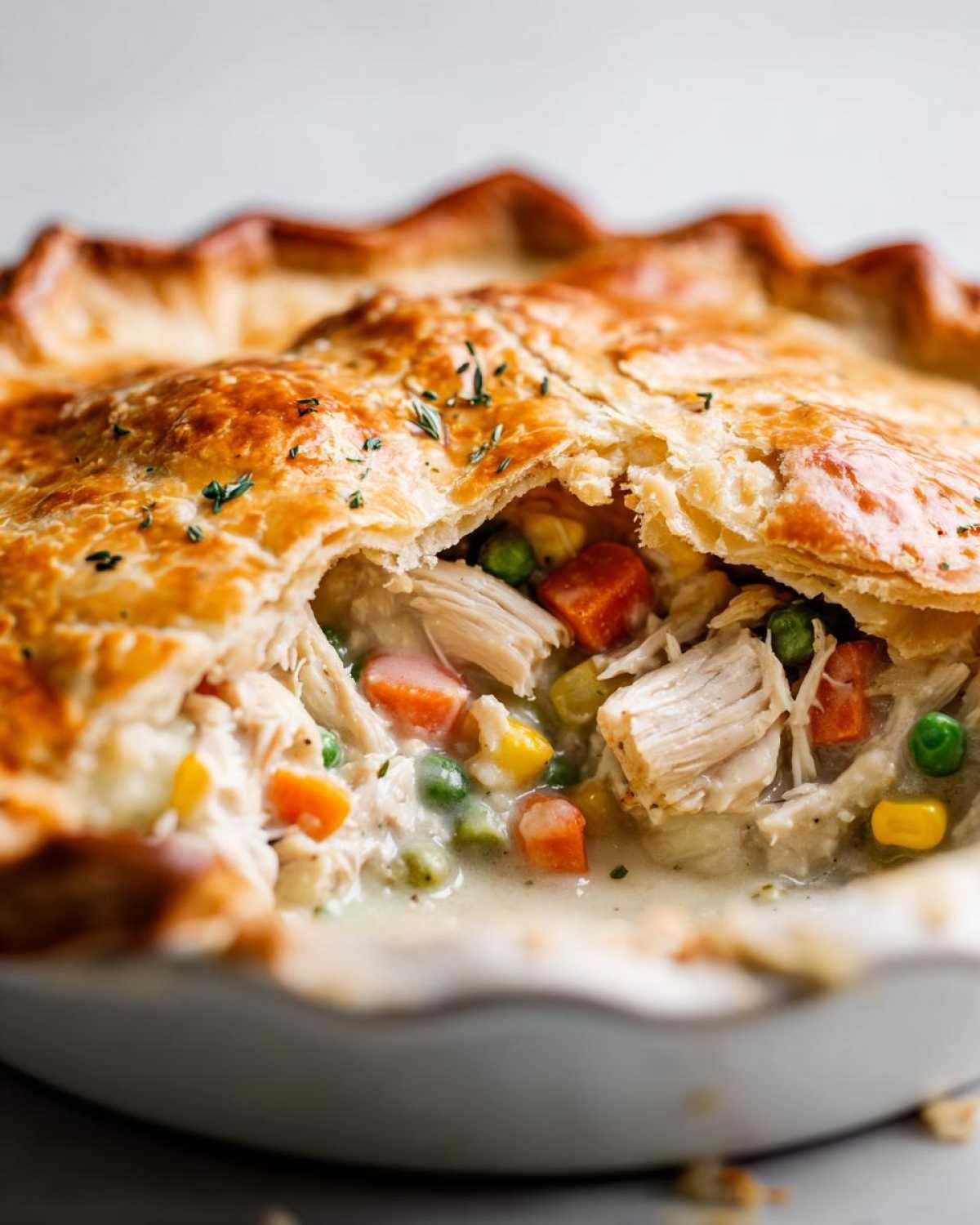 Close-up view of a golden, flaky crust broken open to reveal the creamy filling of an amazing chicken pot, showing shredded chicken and mixed vegetables.