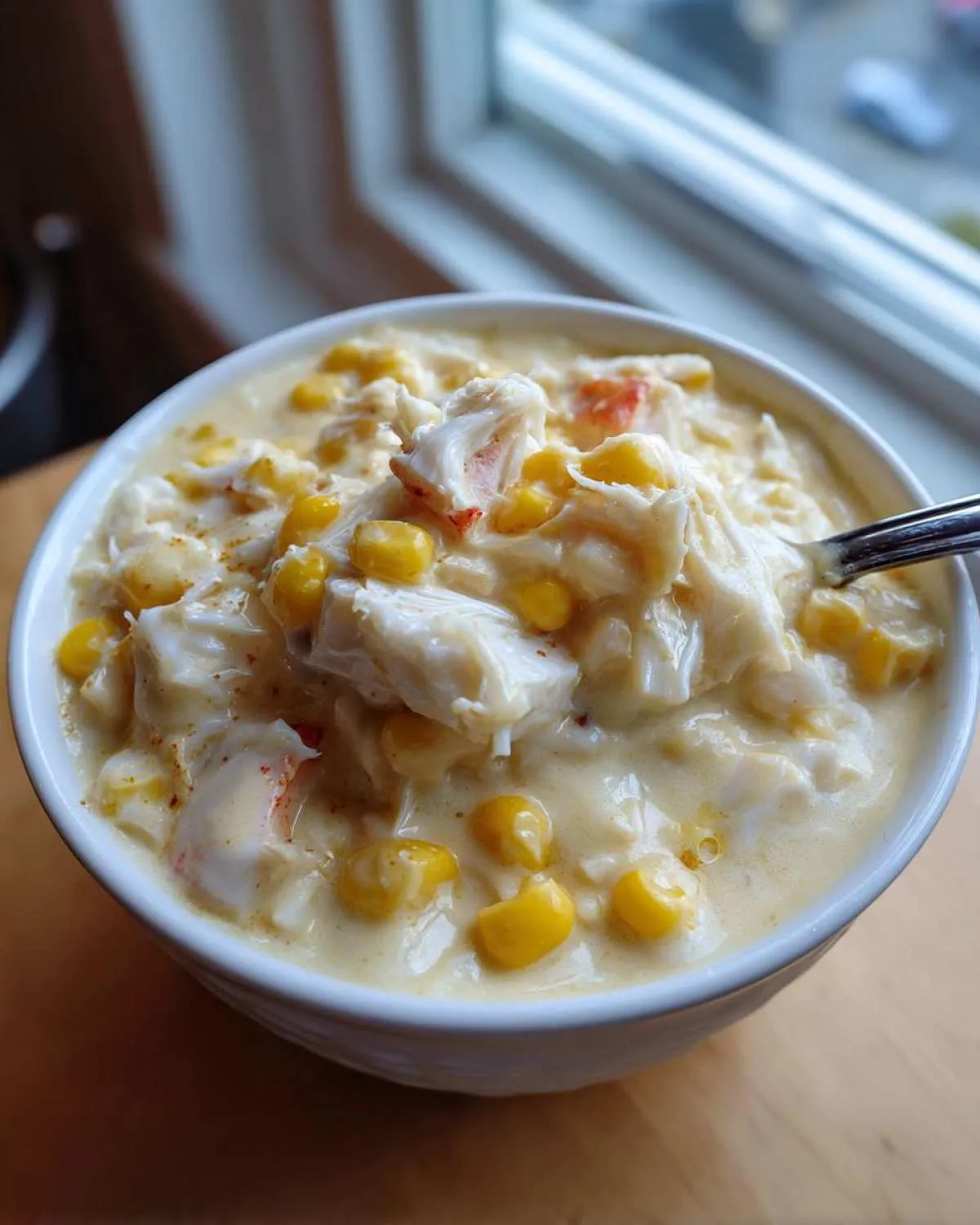 A close-up of a creamy bowl of crab and corn chowder, featuring large chunks of white crab meat and bright yellow corn kernels.