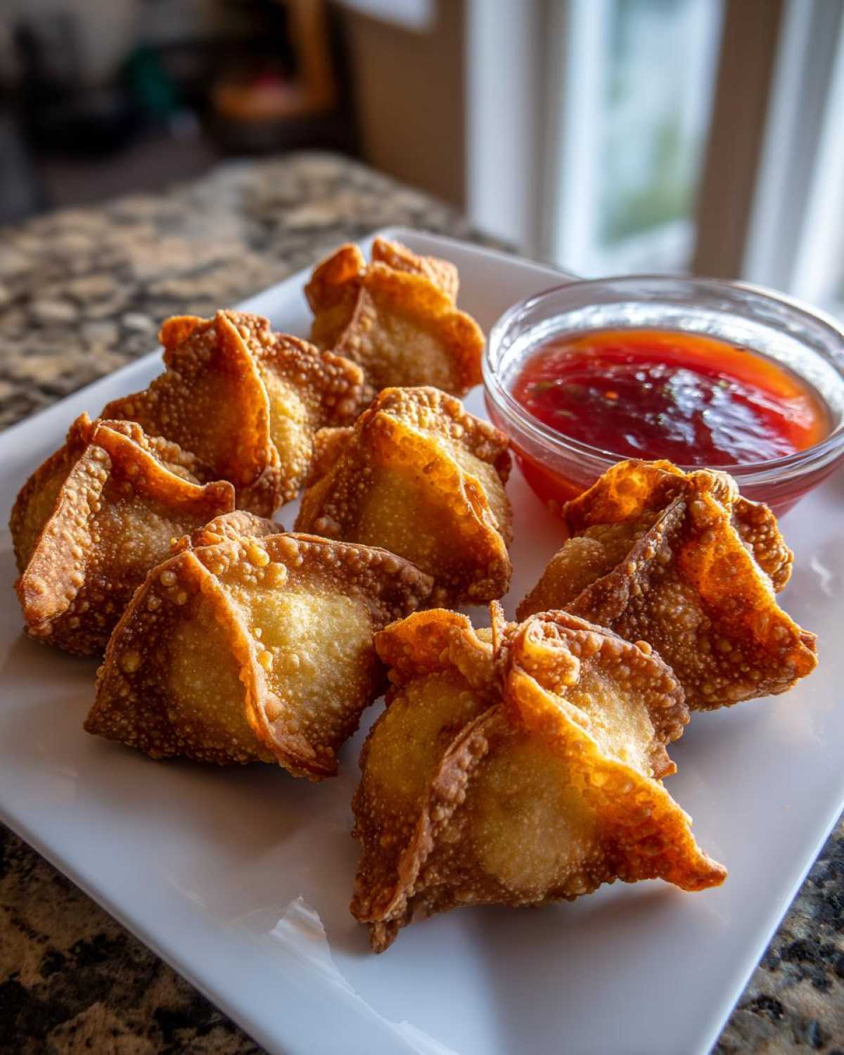 A plate of crispy, golden fried crab rangoon bombs served with a small bowl of sweet chili dipping sauce.