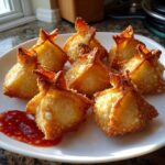 A plate of six golden brown, crispy crab rangoon bombs served with a side of sweet chili sauce.