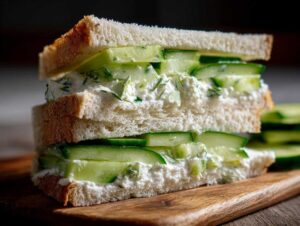 Close-up of a stacked cucumber salad sandwiches featuring creamy dill spread and thin cucumber slices on white bread.