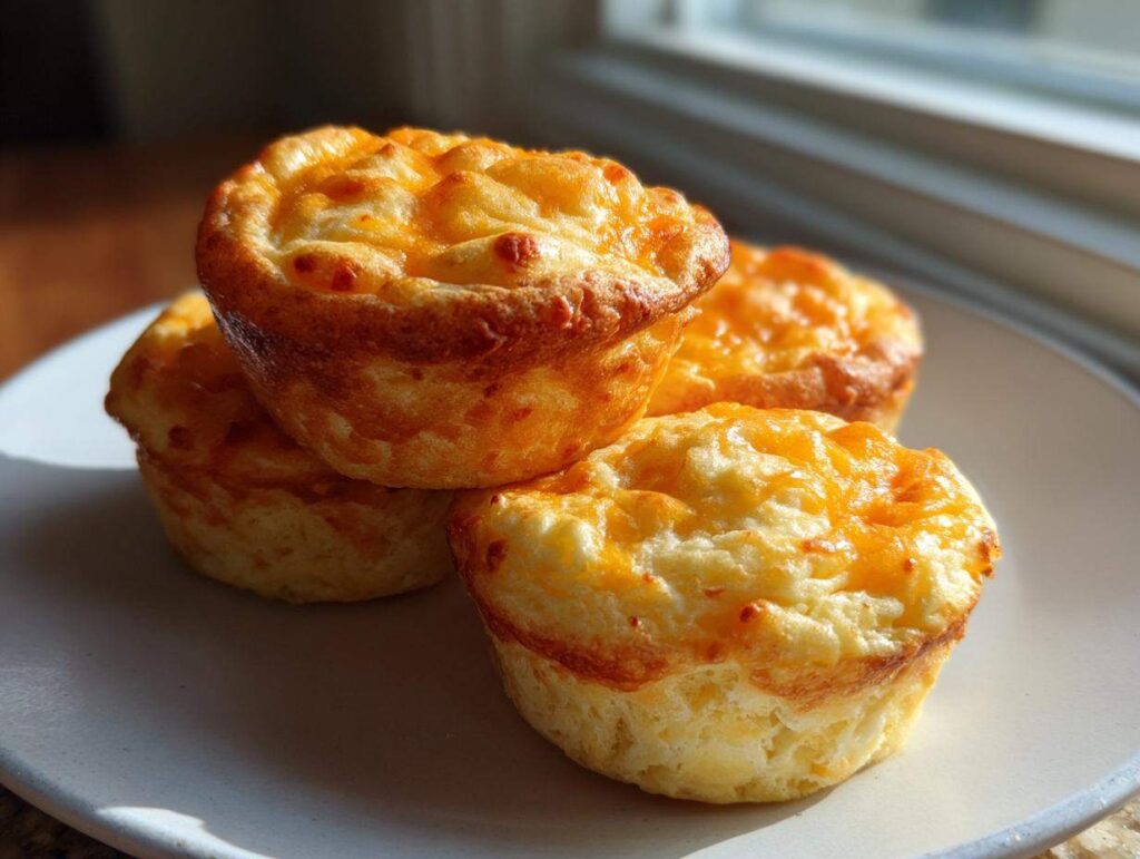 Four fluffy, golden brown cheese egg bites stacked slightly on a light-colored plate near a window.