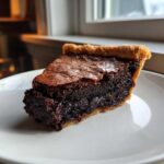 A close-up of a rich, dark slice of amazing fudge pie with a flaky crust on a white plate.