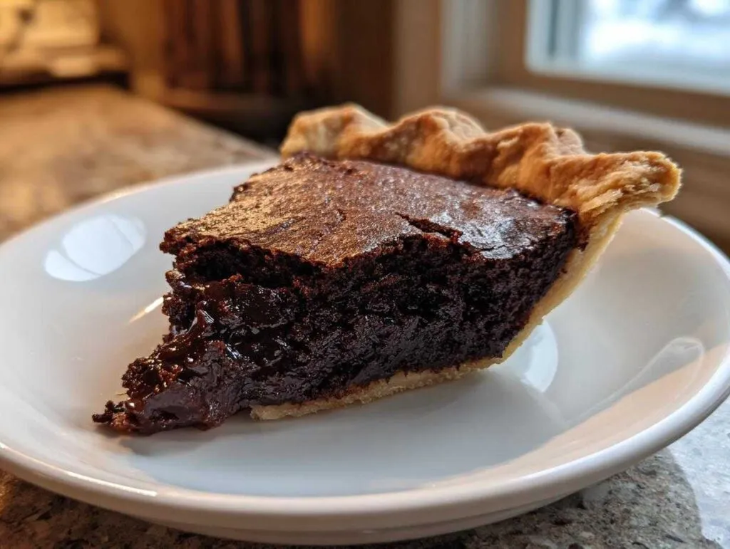 A close-up of a slice of amazing fudge pie showing its rich, gooey chocolate center and flaky crust.