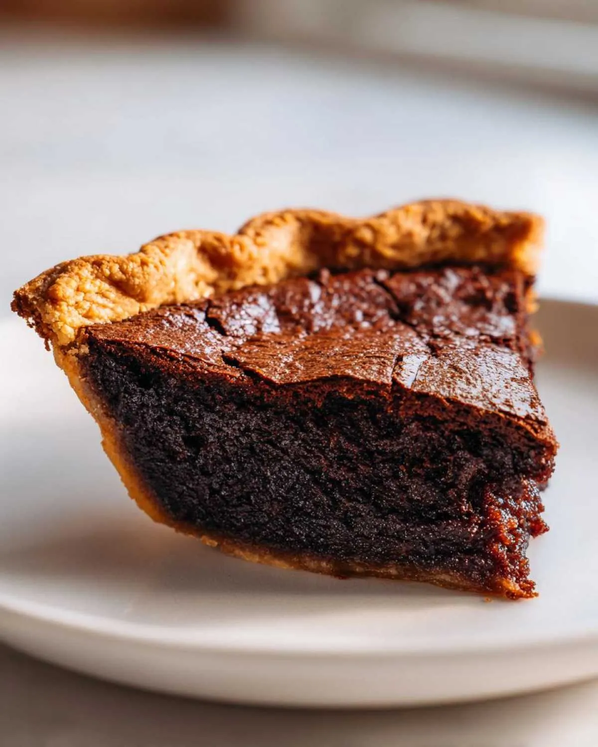Close-up of a rich, dark slice of amazing fudge pie with a flaky crust on a white plate.