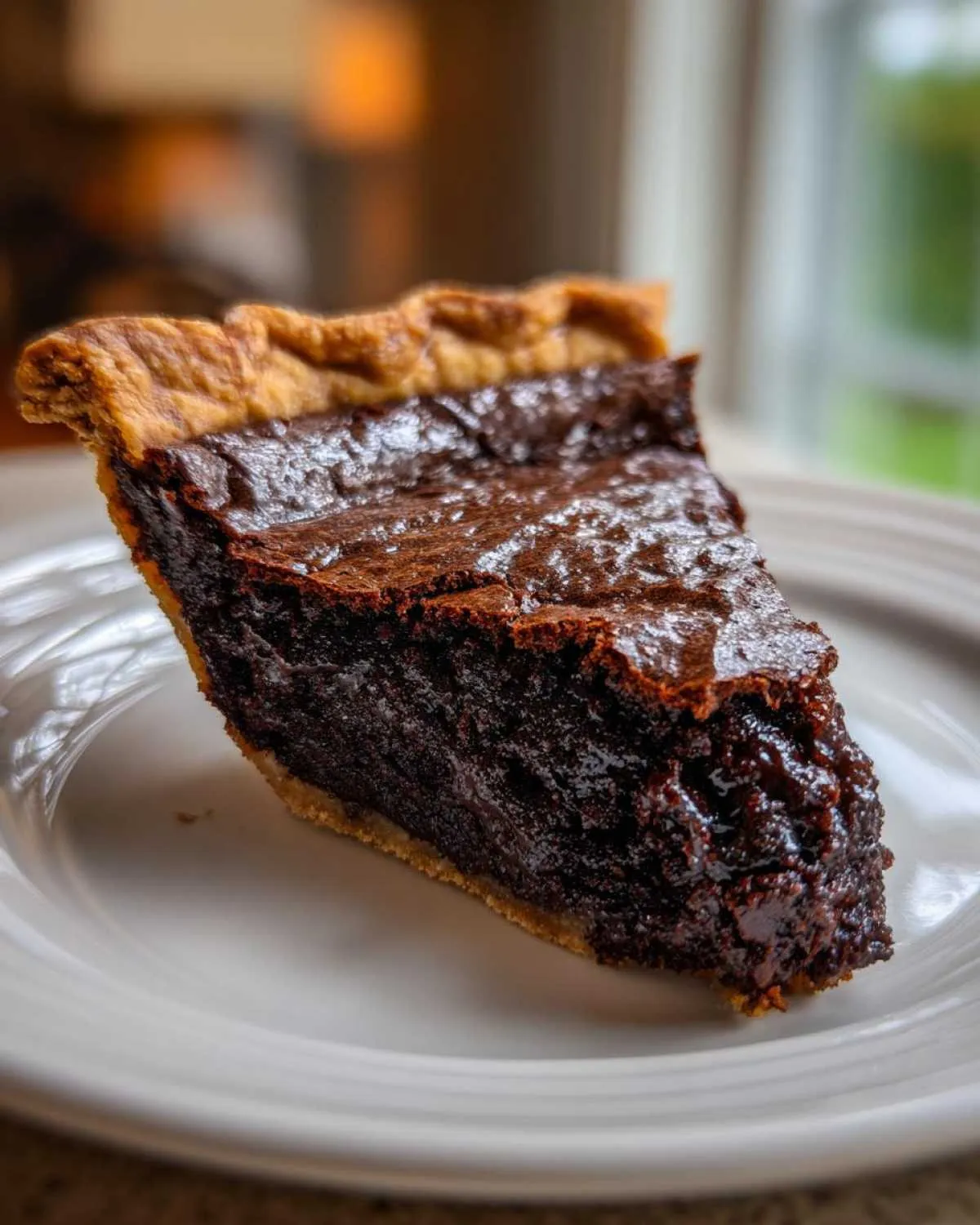 A close-up of a rich, dark slice of amazing fudge pie with a flaky crust, served on a white plate.