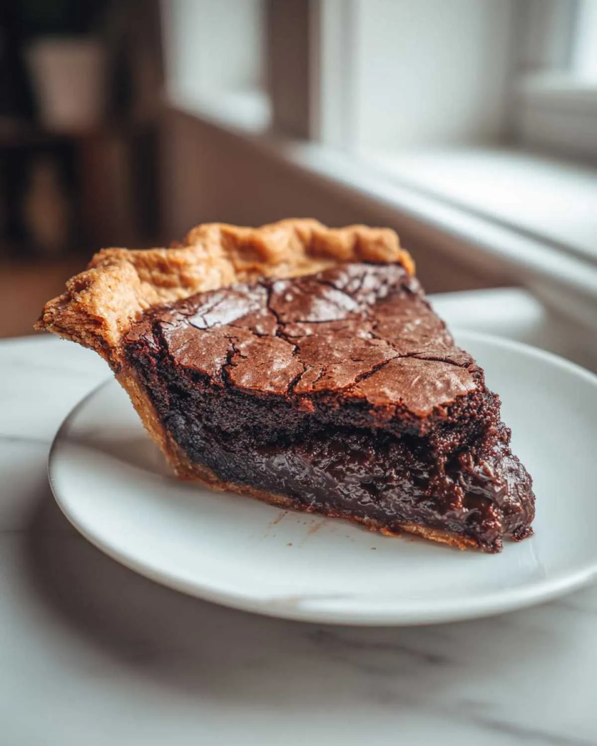 A close-up slice of amazing fudge pie showing a rich, gooey chocolate center and flaky crust.