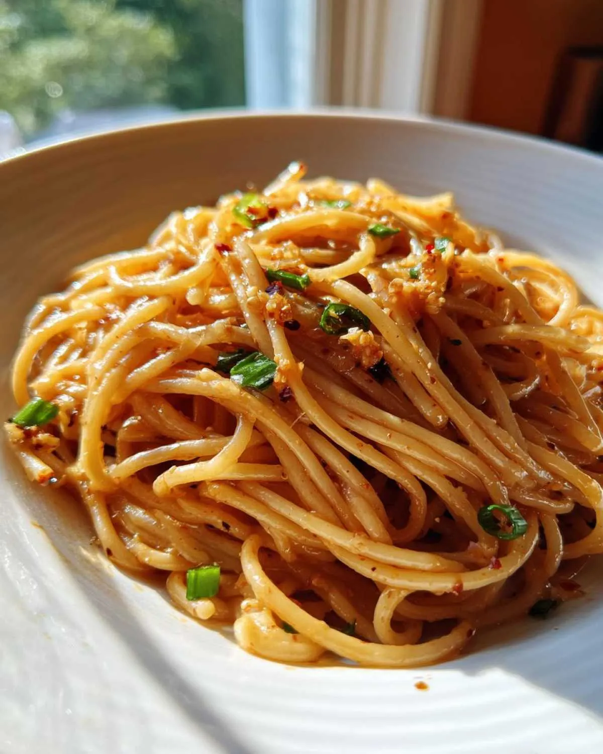A close-up shot of glossy, saucy garlic noodles topped with minced garlic and green onions in a white bowl.