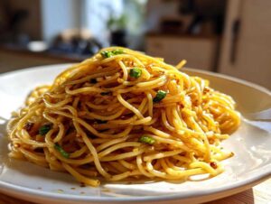 A glistening mound of amazing garlic noodles tossed in sauce and topped with green onions, served on a white plate.