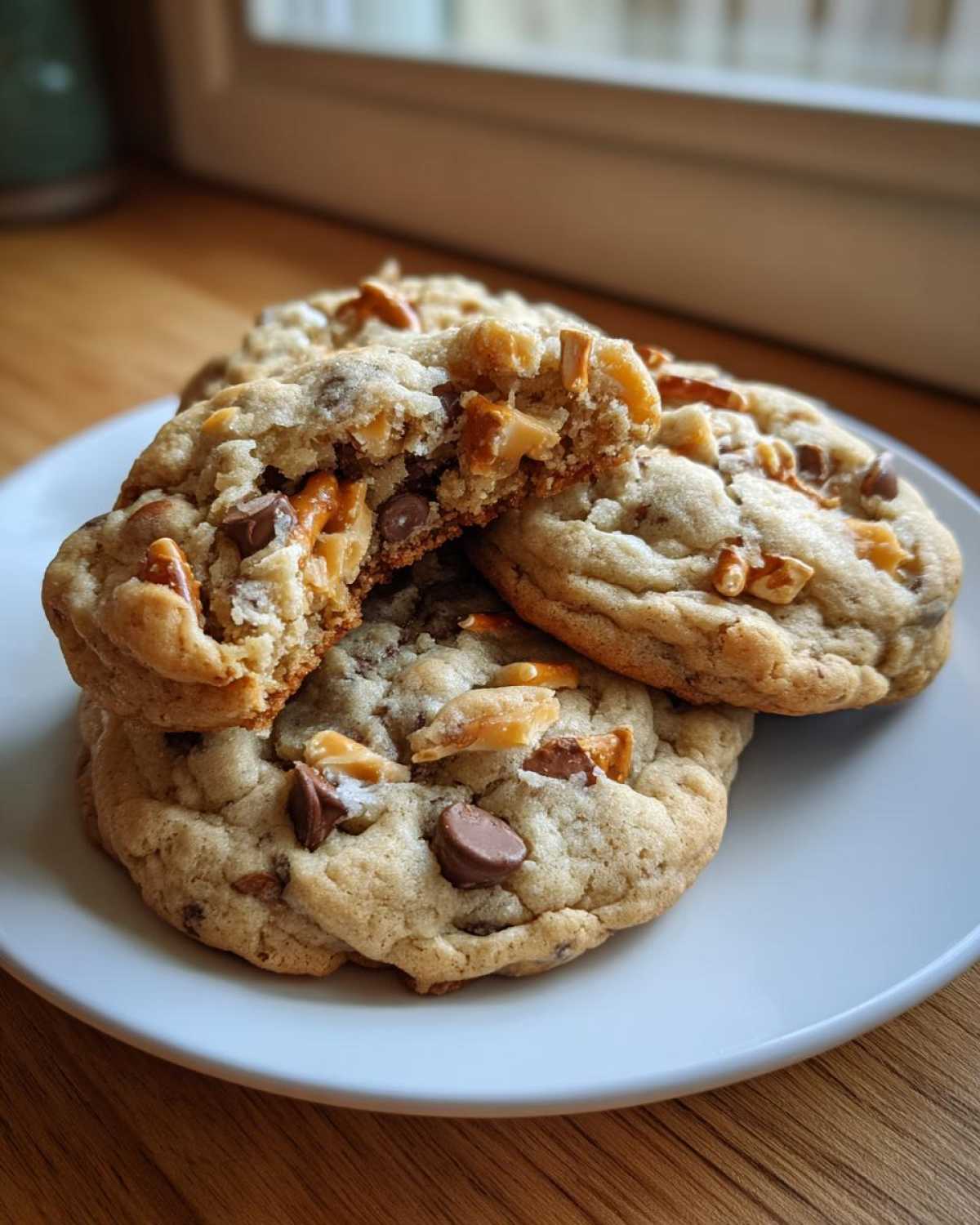Close-up of several amazing kitchen sink cookies stacked on a white plate, one broken open to show the gooey interior.