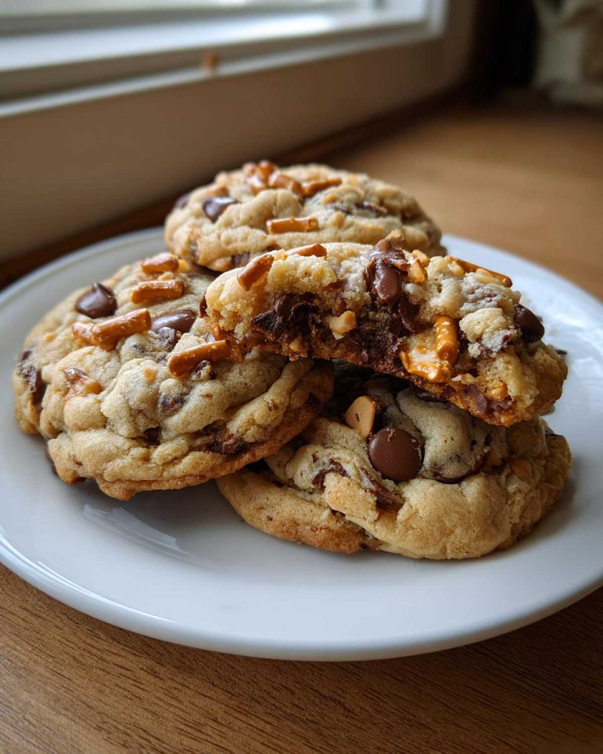 A stack of freshly baked kitchen sink cookies piled on a white plate, one cookie is broken open revealing chocolate chips and pretzel pieces.
