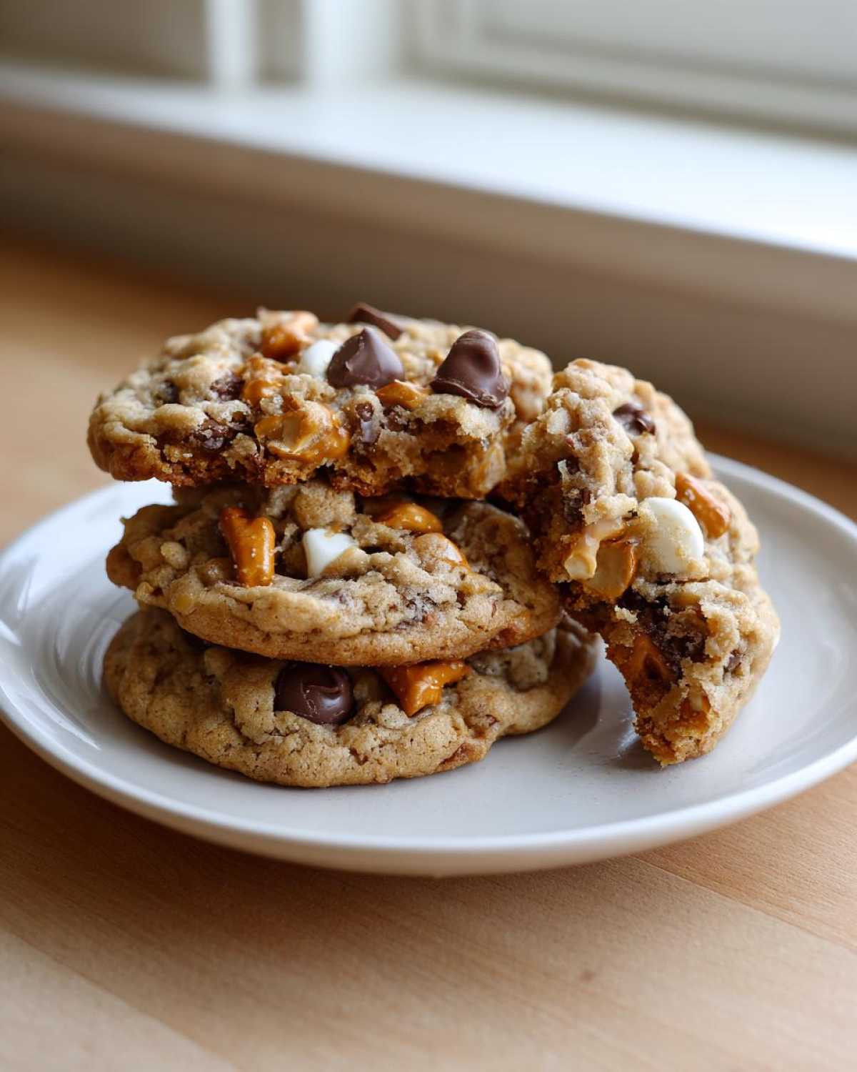 A stack of three chewy kitchen sink cookies loaded with chocolate chips and pretzels, one cookie broken open.