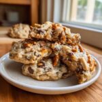 A stack of freshly baked kitchen sink cookies loaded with chocolate chips and pretzel pieces on a small plate.