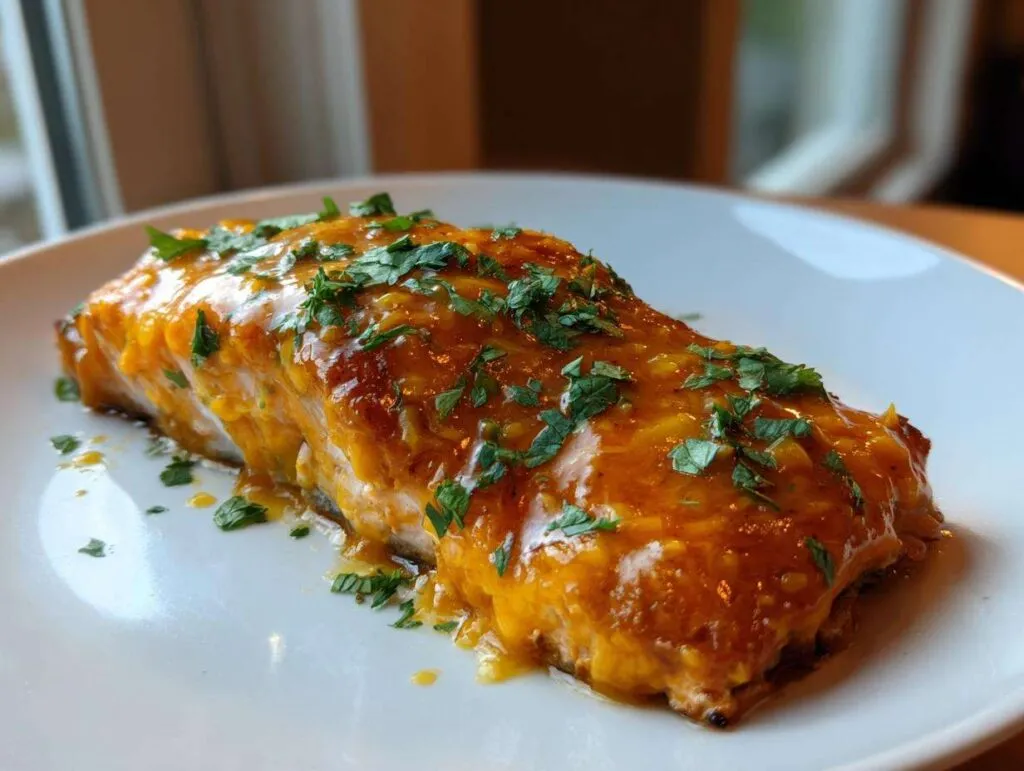 A close-up of a perfectly cooked mango teriyaki salmon fillet generously coated in orange glaze and topped with fresh chopped parsley.