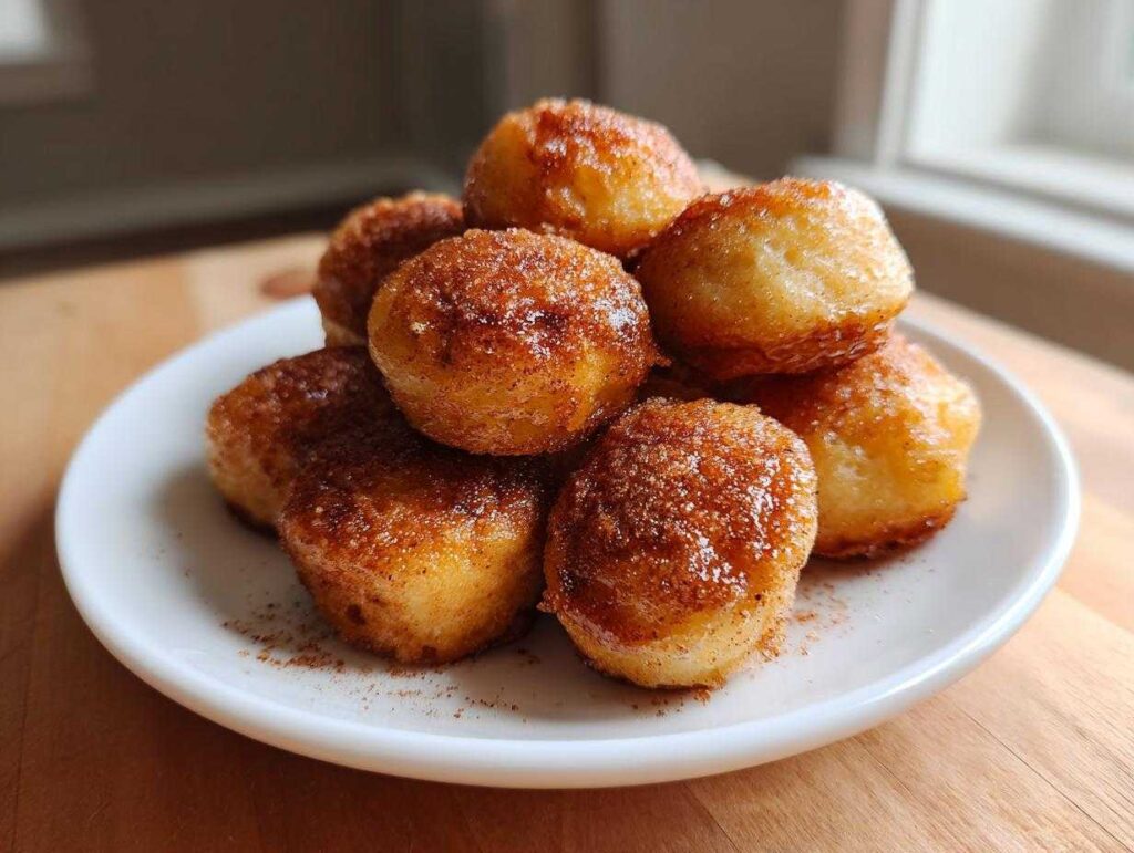 A stack of golden brown pancake poppers coated in cinnamon sugar resting on a small white plate.