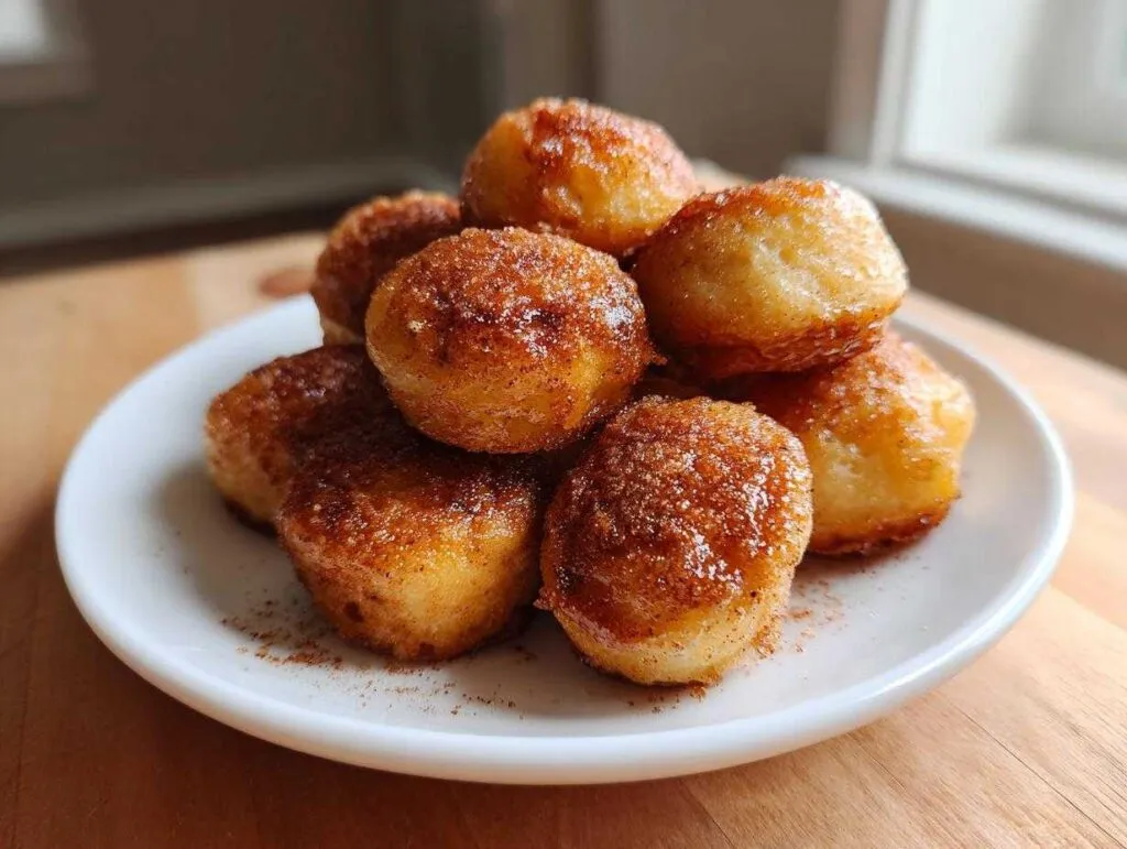 A stack of golden brown pancake poppers coated in cinnamon sugar resting on a small white plate.