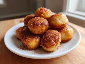 A stack of golden brown pancake poppers coated in cinnamon sugar resting on a small white plate.