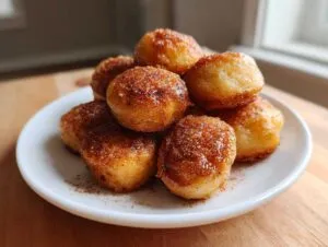 A stack of golden brown pancake poppers coated in cinnamon sugar resting on a small white plate.