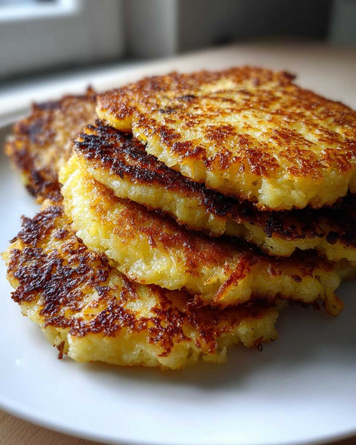 A close-up stack of four crispy, golden-brown potato pancakes on a white plate.