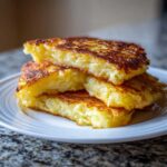 Close-up of three golden brown, crispy potato pancakes stacked on a white plate.