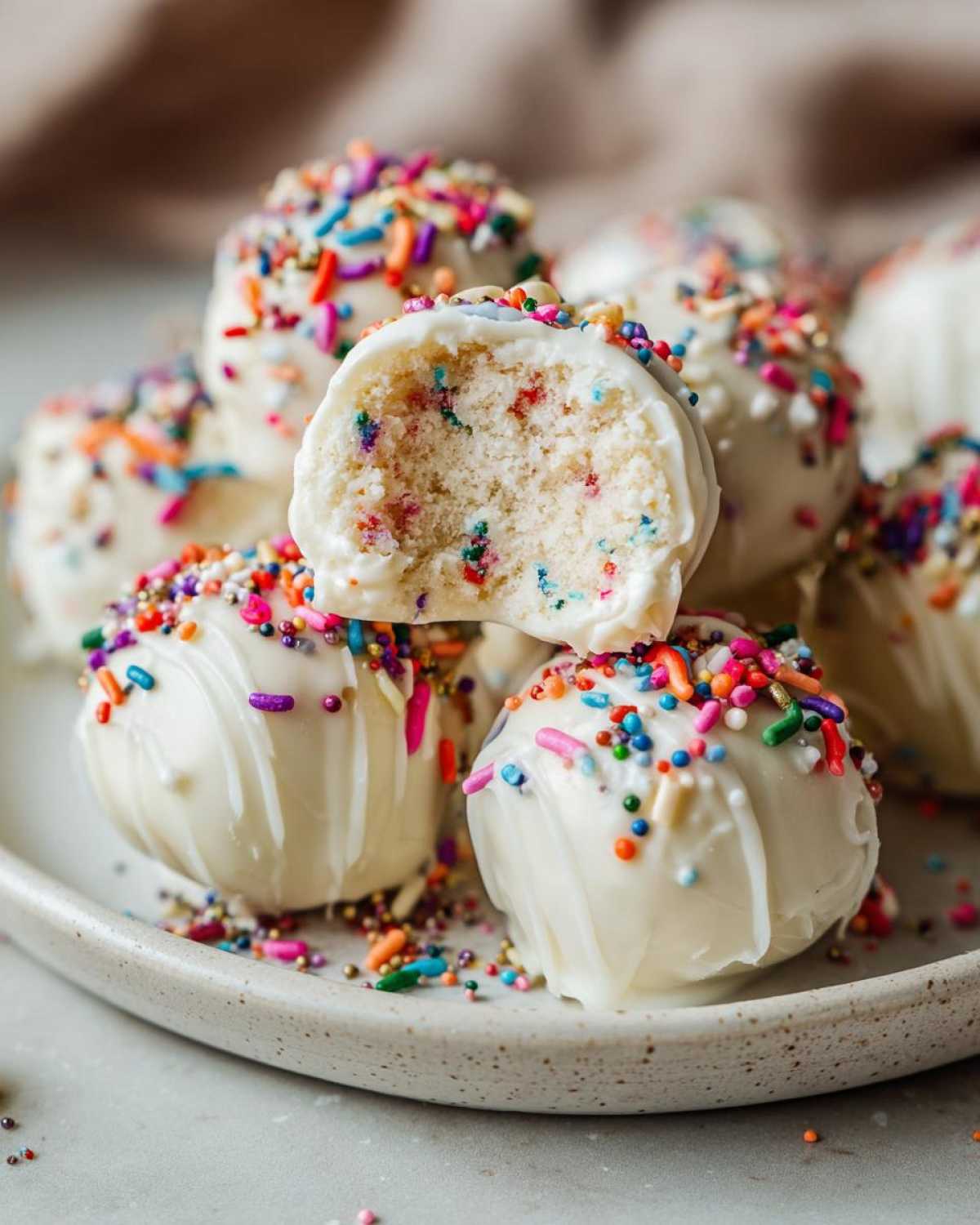A stack of white chocolate coated sugar cookie truffles generously covered in rainbow sprinkles, with one truffle broken open showing the cake-like interior.