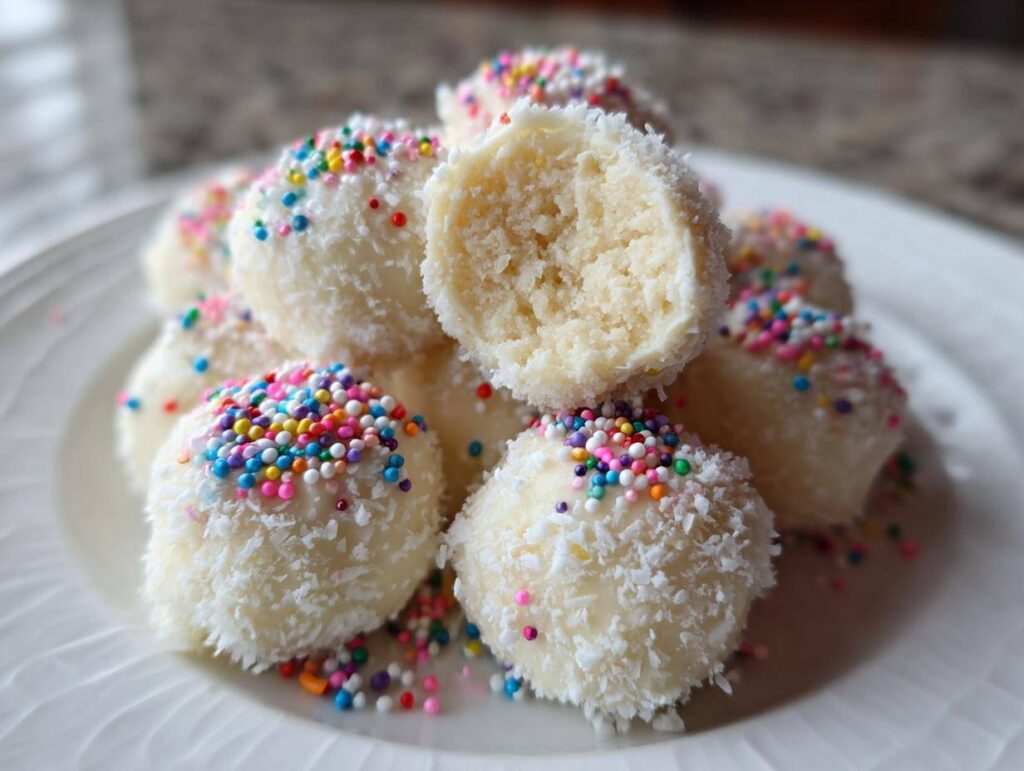 A pile of white chocolate-coated sugar cookie truffles rolled in coconut and colorful sprinkles.