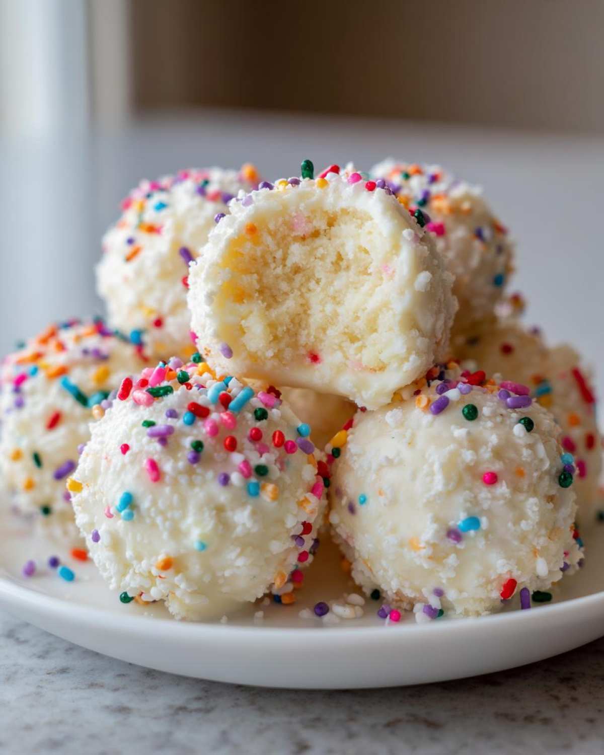 A stack of white chocolate-coated sugar cookie truffles covered in rainbow sprinkles, with one truffle broken open showing the soft center.