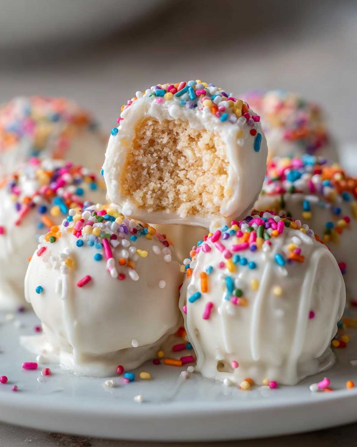Close-up of several white chocolate-coated sugar cookie truffles topped with rainbow sprinkles, one is bitten open.