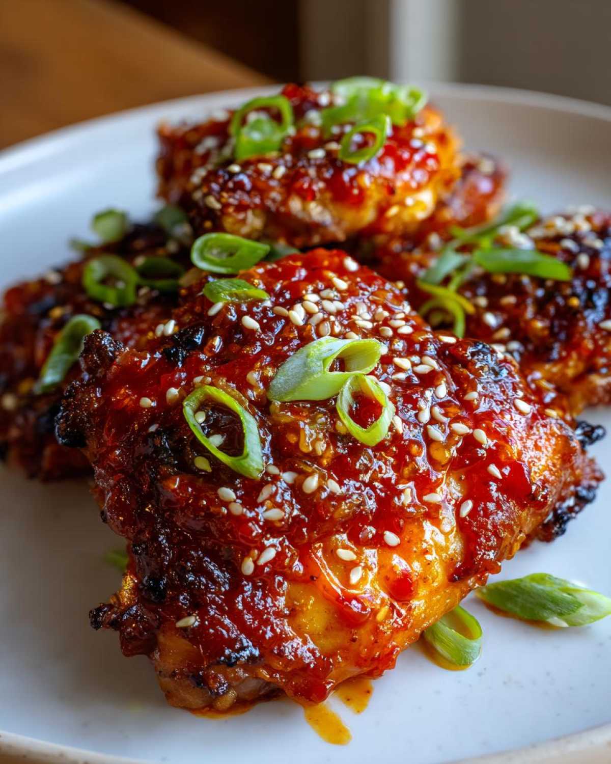 Close-up of sticky, glazed sweet chili chicken pieces topped with sesame seeds and sliced green onions.