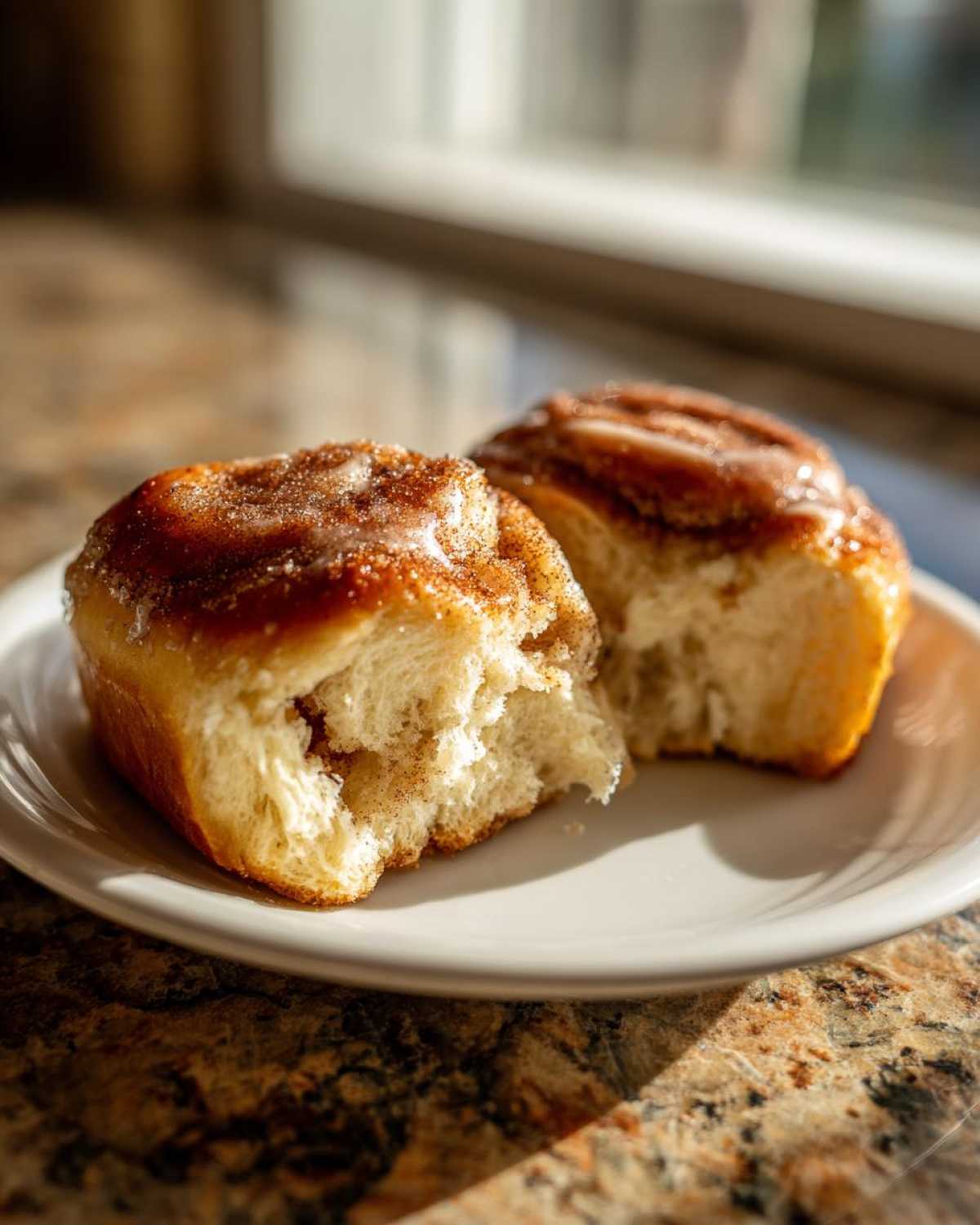 Two pieces of fluffy Amish cinnamon flop with cinnamon sugar topping on a white plate.