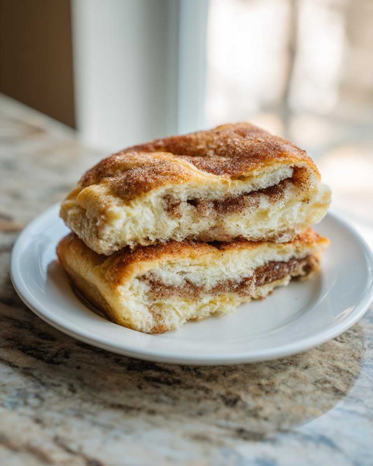 Two stacked squares of soft Amish Cinnamon Flop, showing the thick cinnamon sugar filling inside.