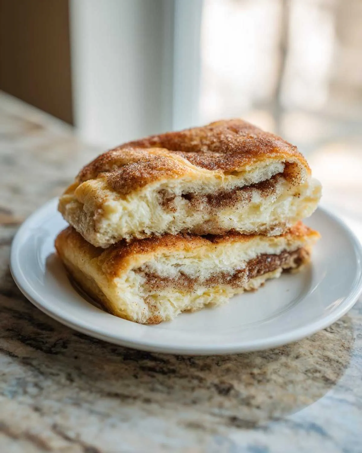 Two stacked squares of soft Amish Cinnamon Flop, showing the thick cinnamon sugar filling inside.