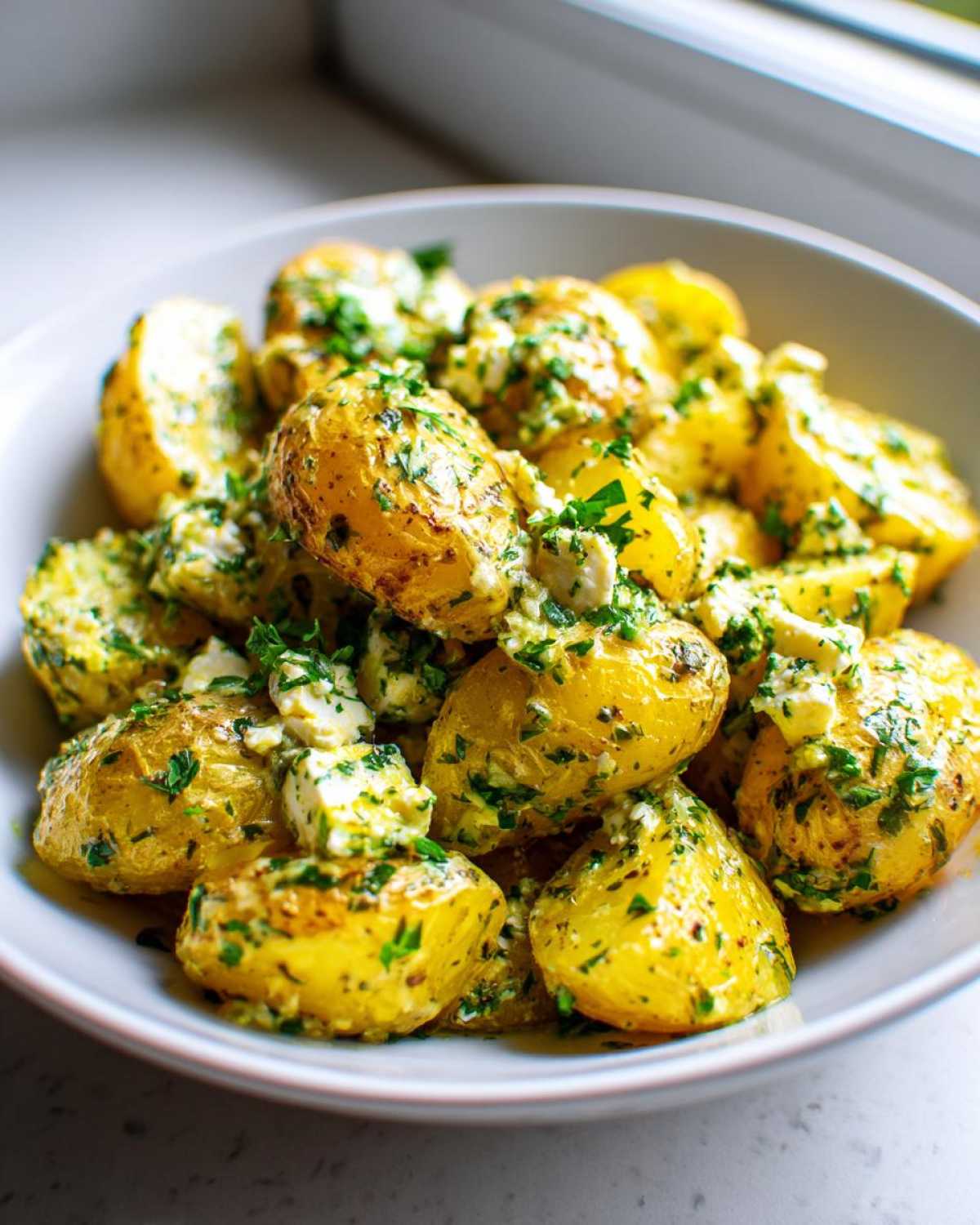 Close-up of golden roasted baby potatoes tossed with melted feta cheese and fresh parsley, ready to eat baked feta potatoes.