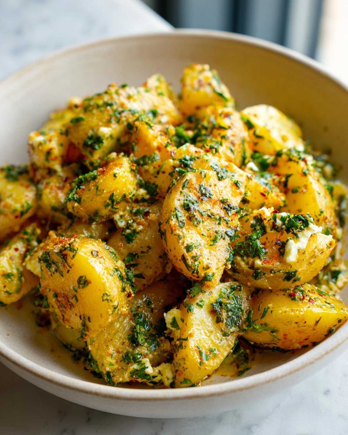 Close-up of golden roasted potatoes coated in melted feta, herbs, and spices, ready to serve in a bowl of baked feta potatoes.