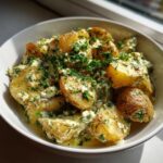Close-up of warm baked feta potatoes coated in a creamy, herby sauce and topped with fresh parsley.