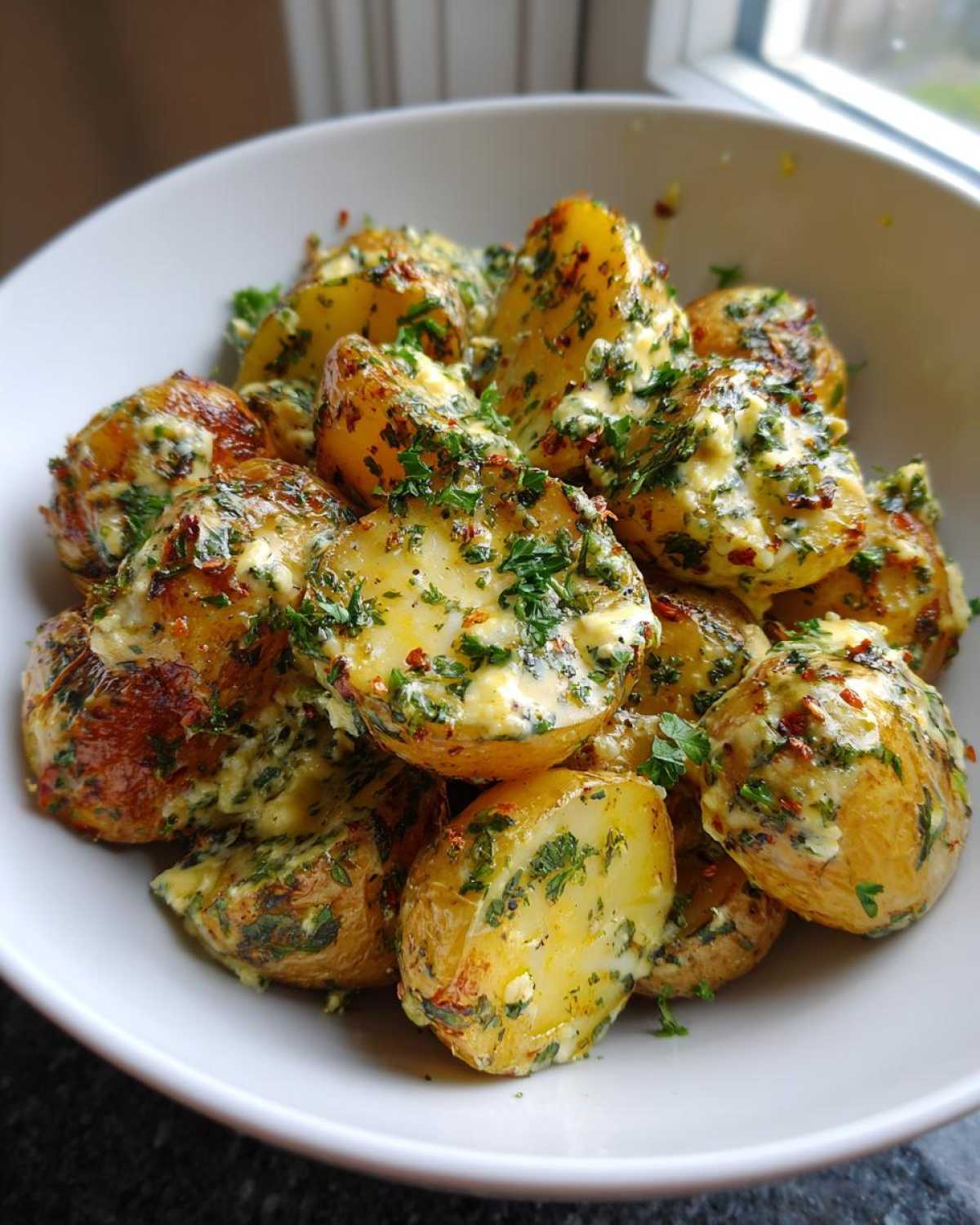 A white bowl filled with roasted, halved baked feta potatoes coated in a creamy sauce and fresh green parsley.
