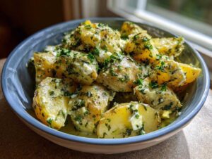A close-up of delicious baked feta potatoes coated in a creamy, herby sauce served in a blue bowl.