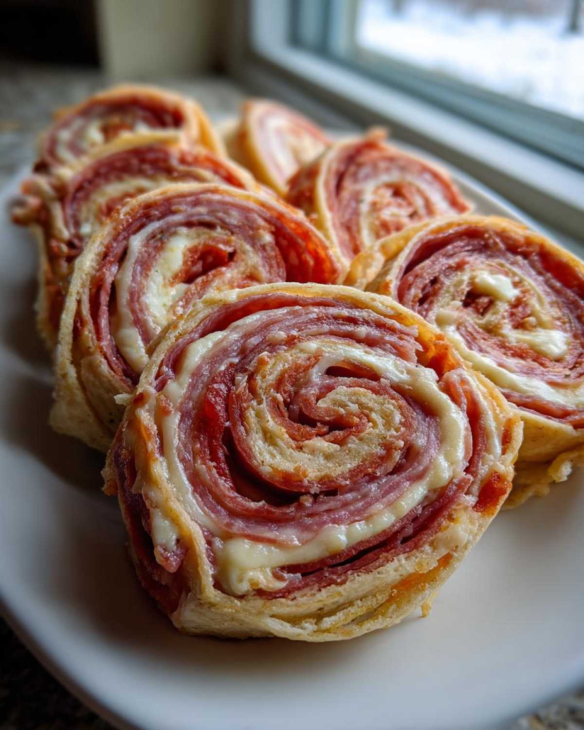Several freshly baked Italian pinwheels showing layers of deli meat, cheese, and dough, ready to serve.
