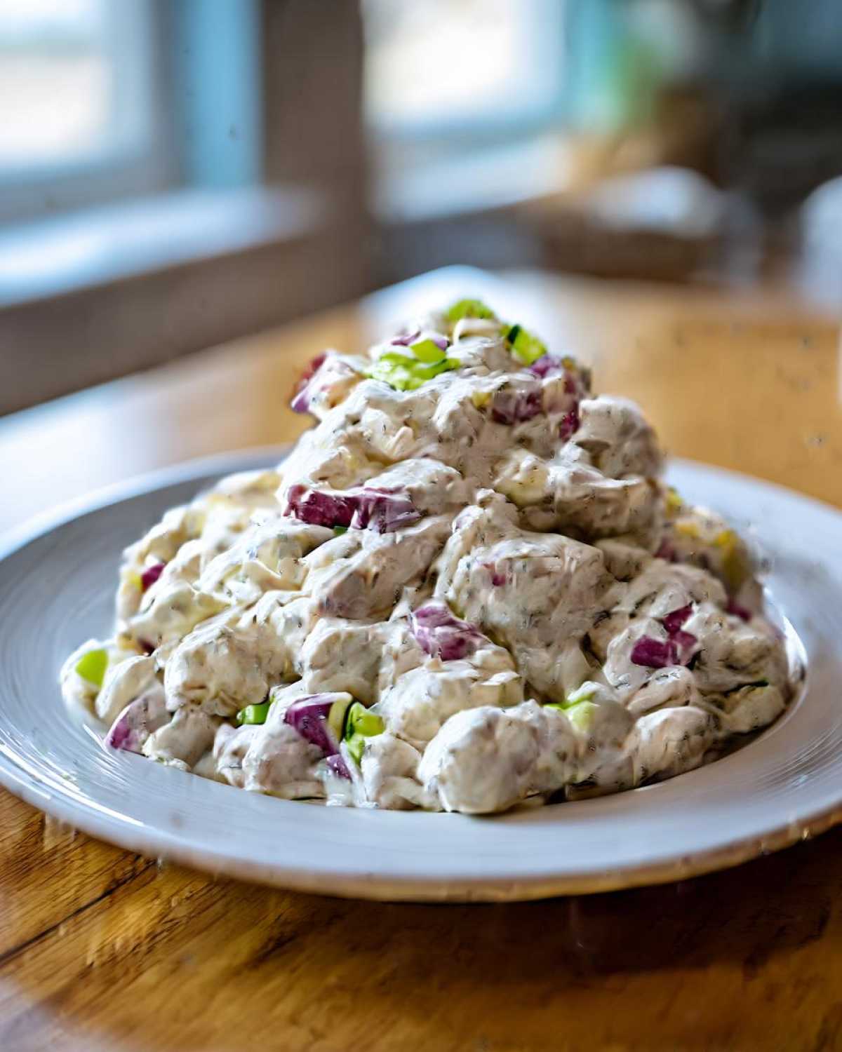 A mound of creamy baked marinated chicken salad mixed with red onion and celery served on a white plate.