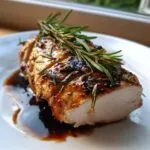A close-up of a juicy balsamic baked chicken breast, glazed and topped with fresh rosemary sprigs.