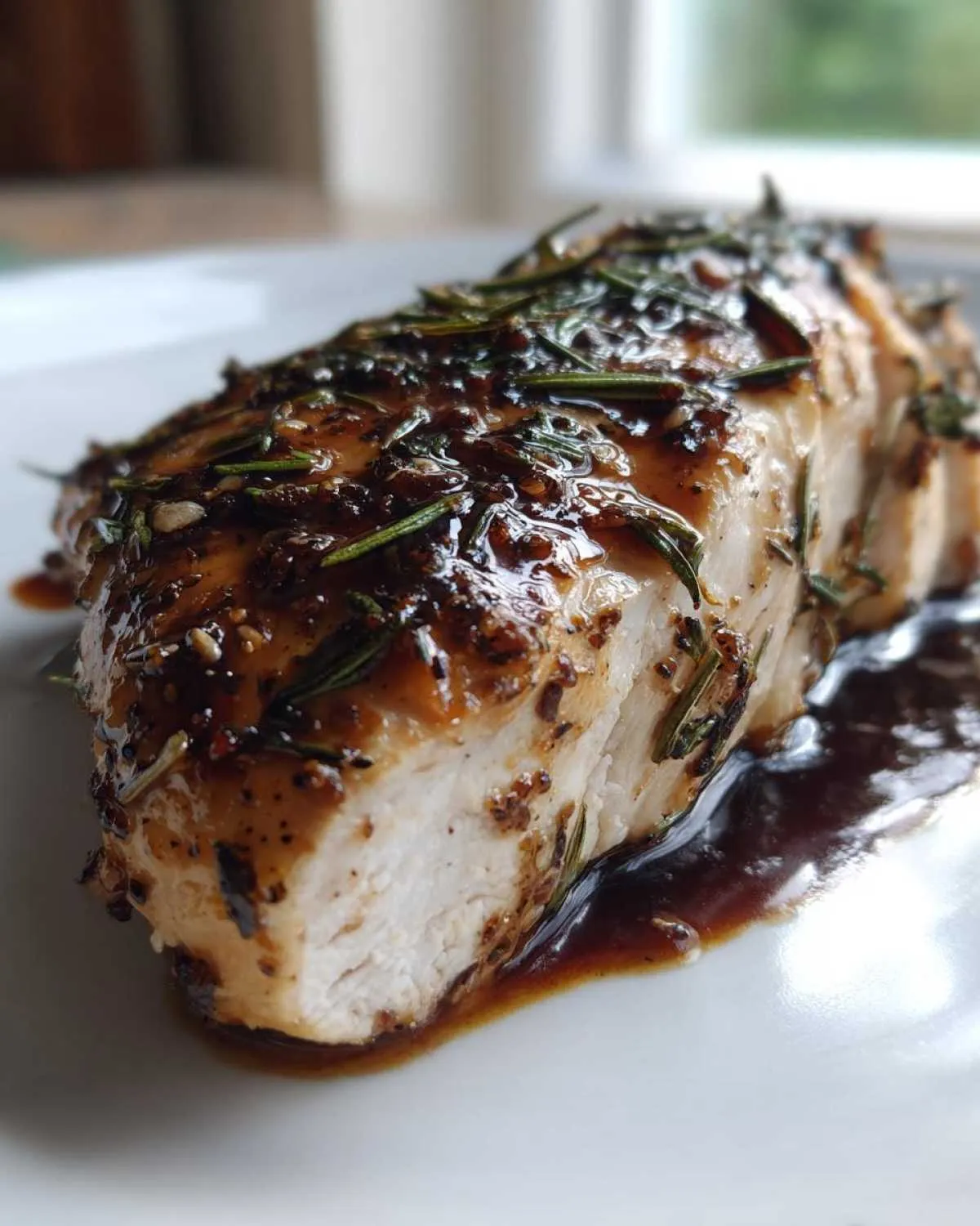 Close-up of a perfectly cooked balsamic baked chicken breast, glistening with glaze and topped with fresh rosemary.