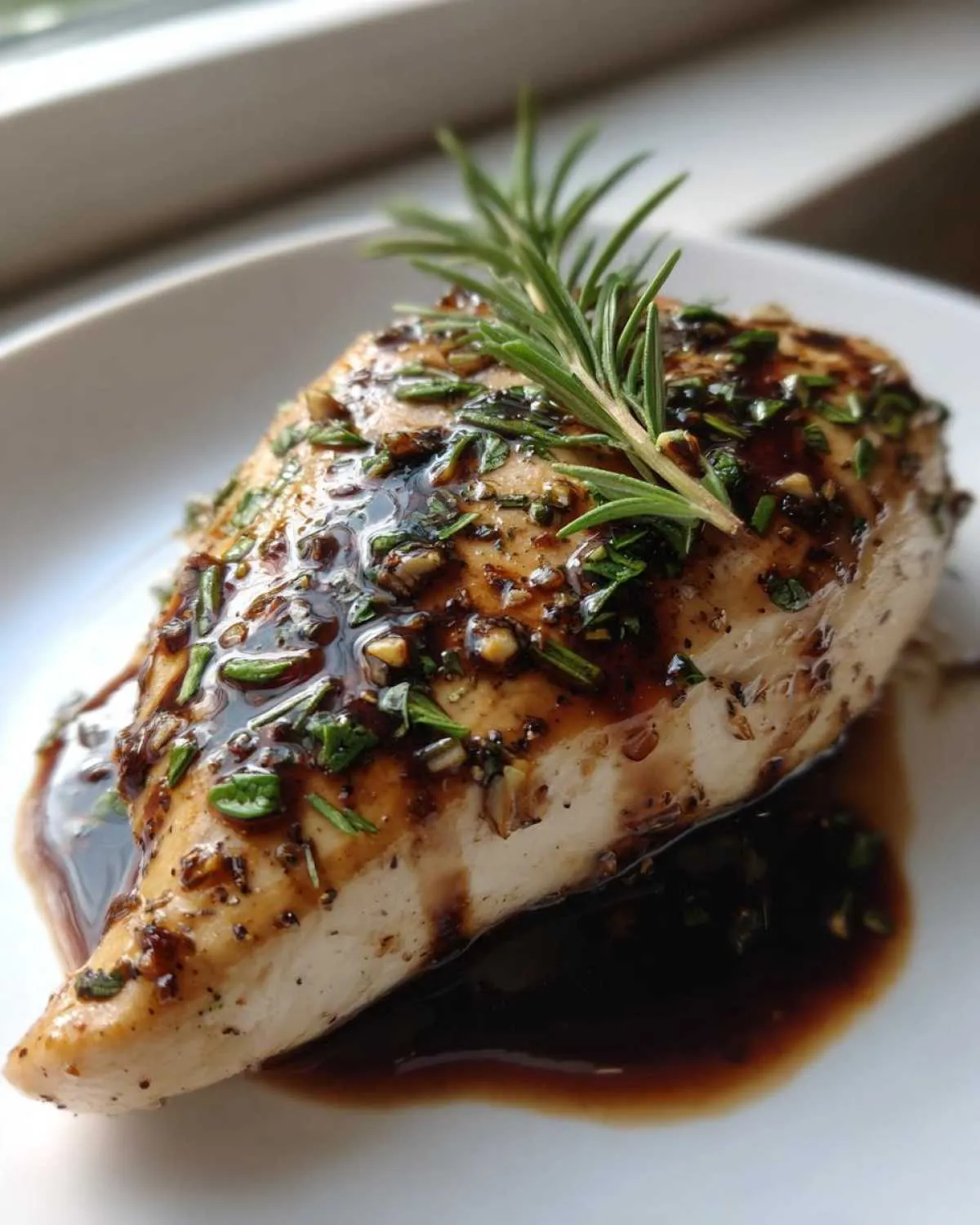 Close-up of a juicy balsamic baked chicken breast topped with a rich glaze, herbs, and fresh rosemary.