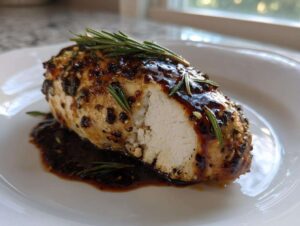 A cross-section of balsamic baked chicken breast, glazed and topped with fresh rosemary sprigs.