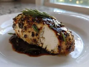 A cross-section of balsamic baked chicken breast, glazed and topped with fresh rosemary sprigs.