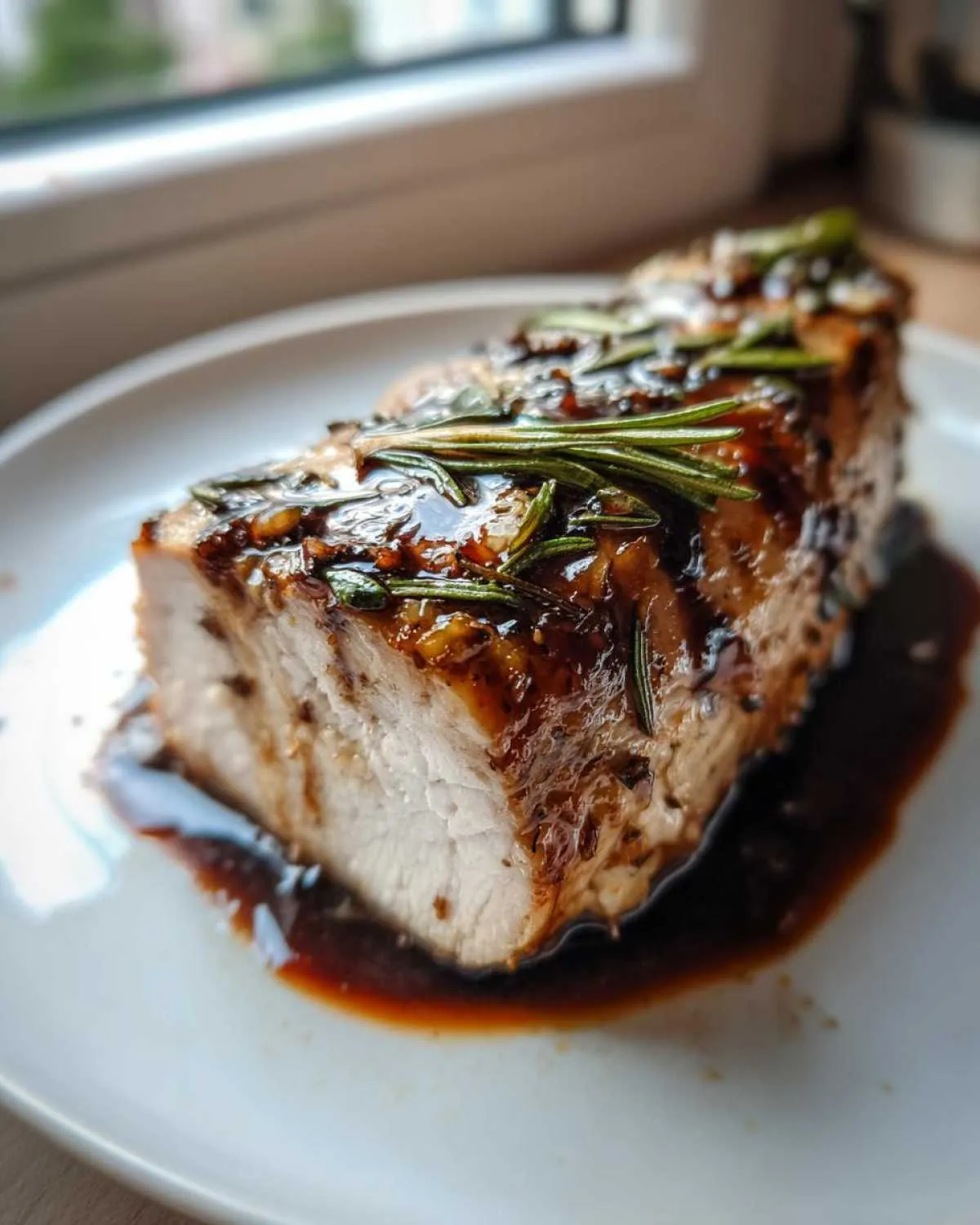 Cross-section of a juicy balsamic baked chicken breast topped with fresh rosemary sprigs and glaze.
