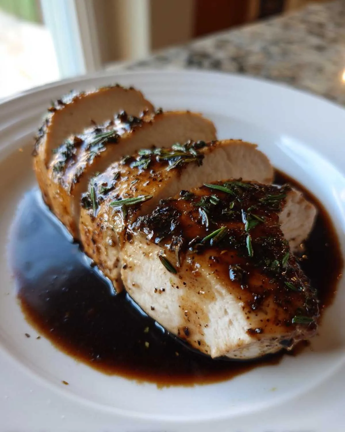 Close-up of a sliced balsamic baked chicken breast covered in a dark, glossy balsamic glaze and fresh rosemary.