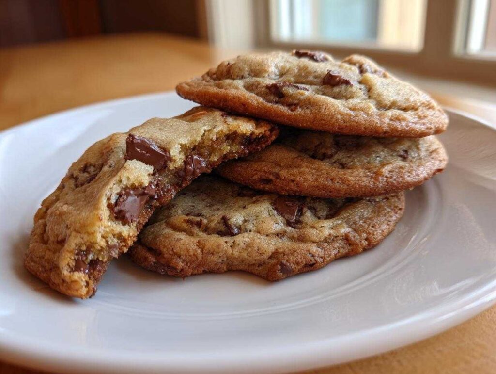 A stack of soft banana bread chocolate chip cookies, one broken open showing gooey melted chocolate chips.