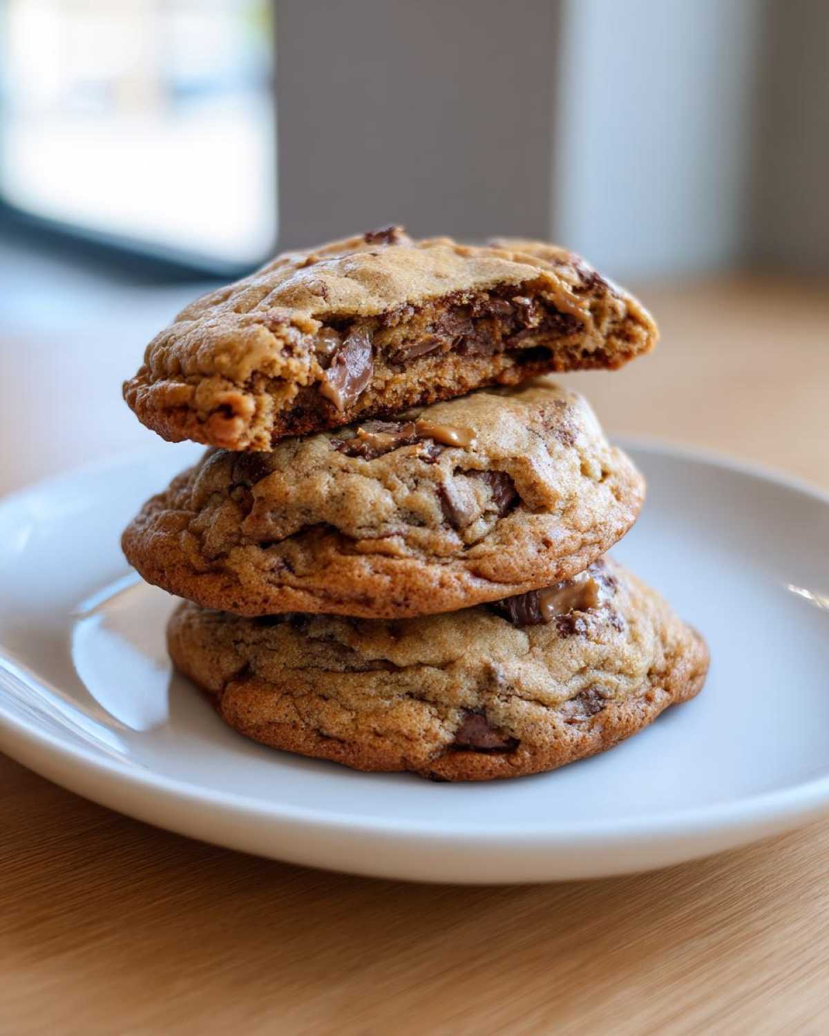 A stack of three gooey banana bread chocolate chip cookies on a white plate, with the top one broken open to show melted chocolate chips.