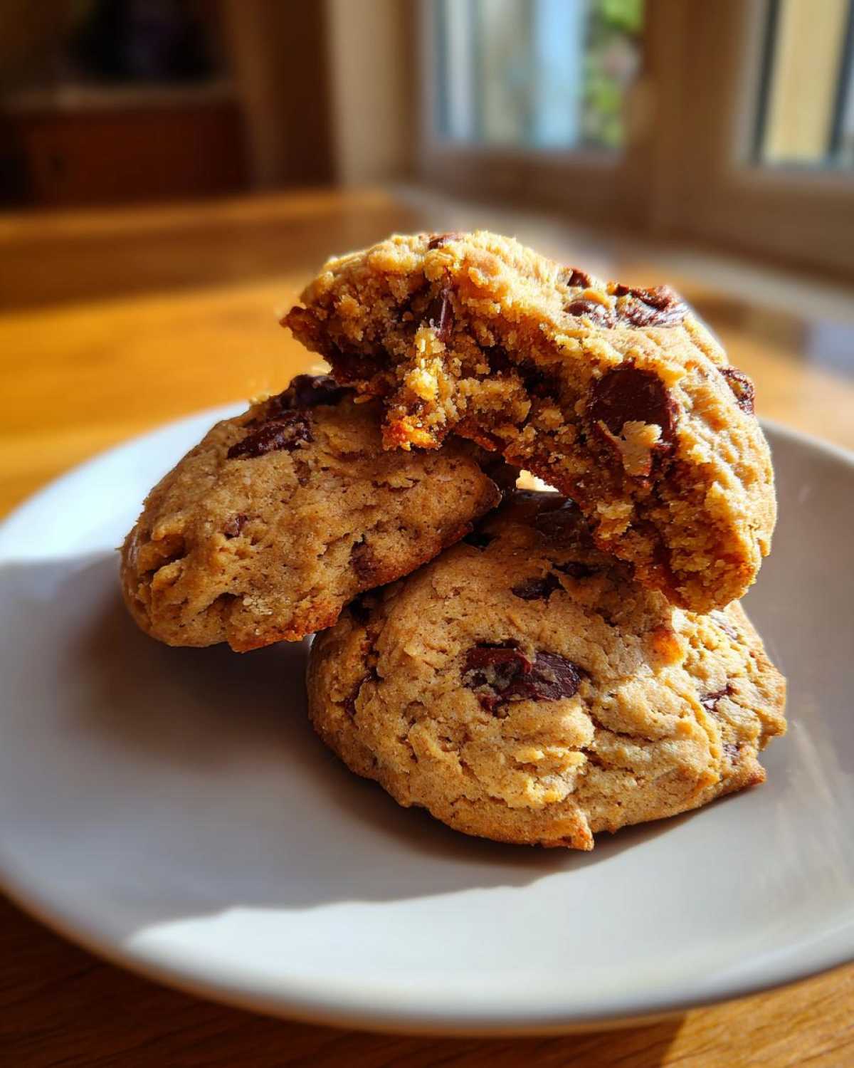 A stack of three soft banana bread chocolate chip cookies, one broken open to show the chewy interior.