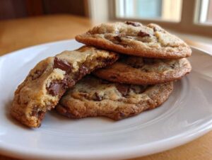 A stack of soft banana bread chocolate chip cookies, one broken open showing gooey melted chocolate chips.